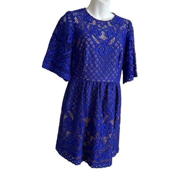 BCBGMaxazria Jillyan Larkspur Blue Lace Overlay Nude Lining Coquette Dress Sz 6 - Picture 4 of 9